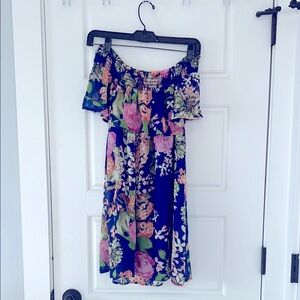 Floral Off-Shoulder Dress - Blue and Pink